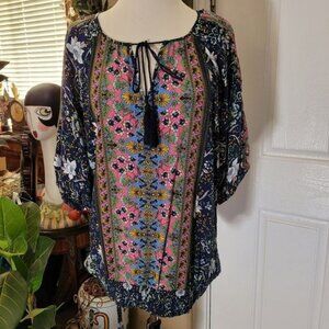 Suzanne Betro Tunic Top Women's Large Blue Floral Print Pink Size XL Tropical